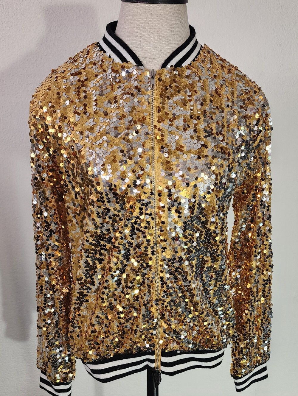 Anna-Kaci Jacket Gold Sequin Bomber Style Sparling Gold Size S - Picture 6 of 17